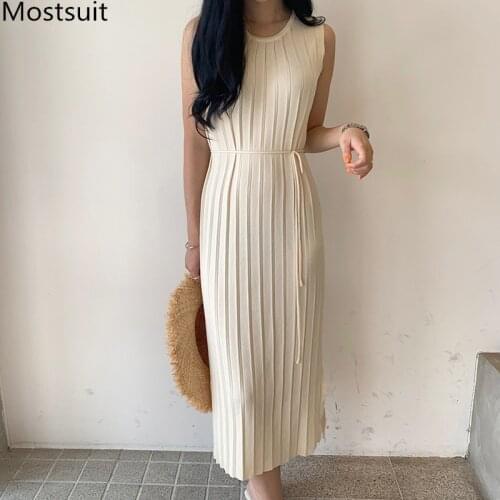 Summer Korean Knitted Sleeveless Dress Women O-neck Sashes Long Dresses Elegant Solid Fashion Sweater Vestidos Femme 2021