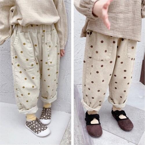 2020 New Autumn Toddler Girls Pants 2 3 4 5 6 Years Baby Kids Trousers for Girl Childs Korean Casual Dot Print Corduroy Pants