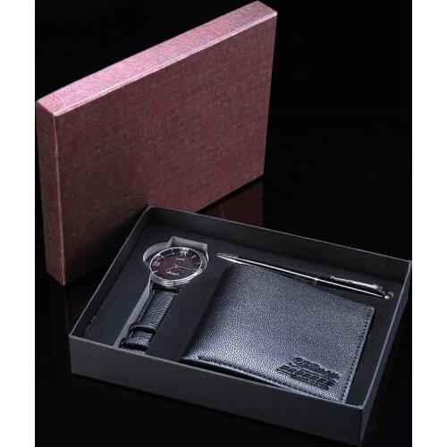 3pcs/set Men Watch Wallet Ballpoint Pen Gift Box Set Mens Gift Set Watch Black Brown Birthday Business Gifts Male Drop Shipping