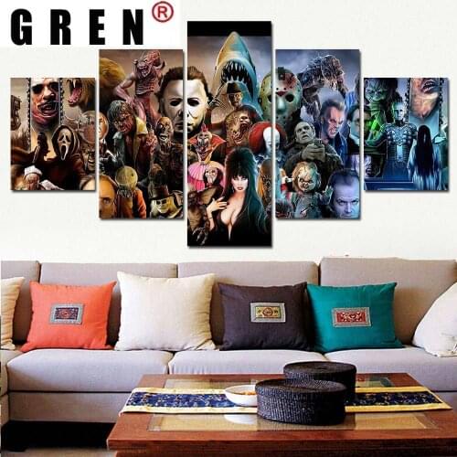 GREN 5 panel wall art clown movie character poster 5 piece horror movie charactor painting Hallowe picture fashion home decor