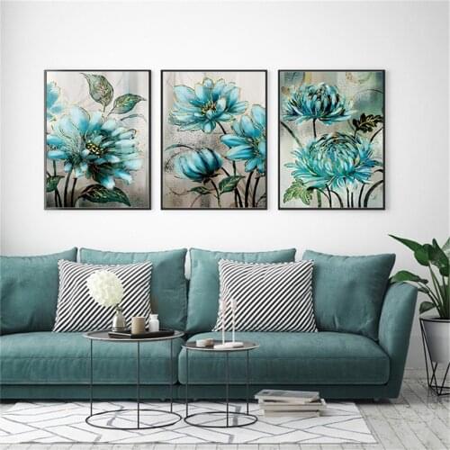 Abstract Blue Flower Canvas Painting China Ink Paintings Wall Art Picture for Living Room fashio Gold Poster Print Cuadros Salon