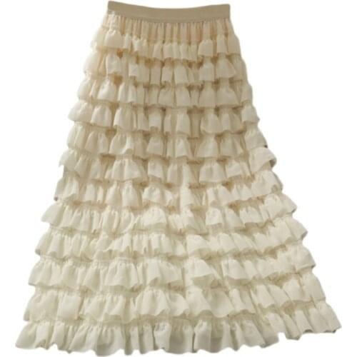 White High Waist Chiffon Skirt Women Fashion Korean Spring Summer Cake Skirts Female Long Maxi Skirts Lady Beach Party Clothes