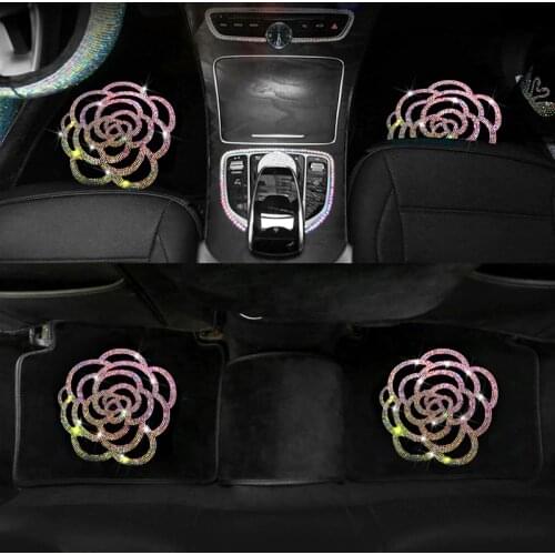 Bling diamond waterproof anti slip car floor mats girls women crystal flower universal car foot mats