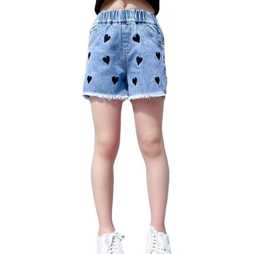 Girls Short Jeans Heart Pattern Girl Jeans Child Summer Jeans Kids Casual Style Childrens Clothing 6 8 10 12 14