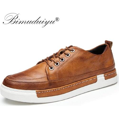 BIMUDUIYU Mens Leather Casual Shoes Retro Style Mens Leather Flats Oxford Shoes Male Sneakers tenis masculino zapatos hombre