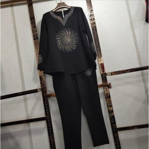 Plus Sized Womens Pants Sets Two-piece Set Hot Drilling Cotton Tshirt + Elastic Waist Pants Ropa Mujer Conjunto Feminino