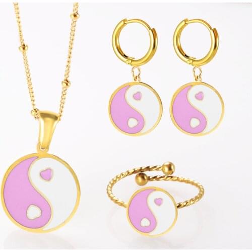 ZMFashion Luxury Yin Yang Colorful Enamel Jewelry Set, Gossip Round Pendant Necklace Earrings and Ring Women Jewelry Set Gift