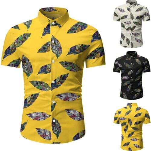 Mens Short Sleeved Shirt Turn Down Collar Cardigan Beach Shirt with Print Casual Slim Type Single Breasted Tops