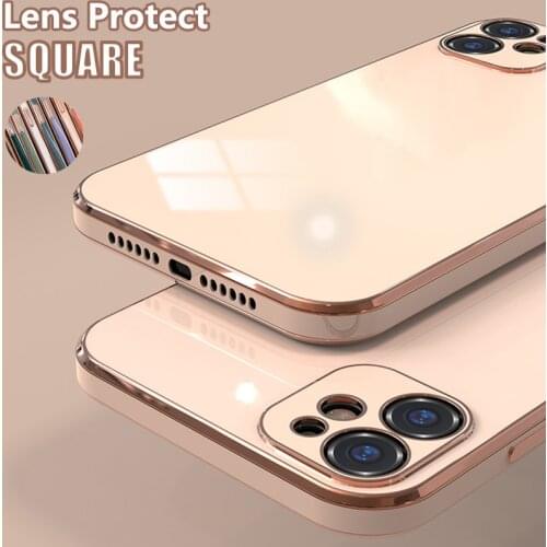 Square Gold Plating Soft Case For iPhone 12 Pro Max Mini 11 XS X XR 6 6S 7 8 Plus SE 2020 Luxury Glossy Frame Lens Protect Cover