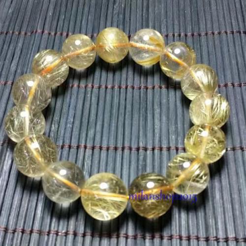 Natural Gold Rutilated Quartz Titanium Crystal Beads Wealth Bracelet 12 mm>jewerly free shipping