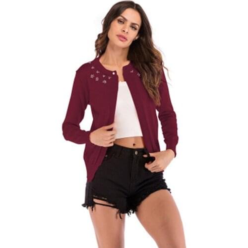 Autumn And Winter Beaded Womens Cardigan Long-sleeved Round Neck Outside Sweater Womens Short Loose Coat Sweater