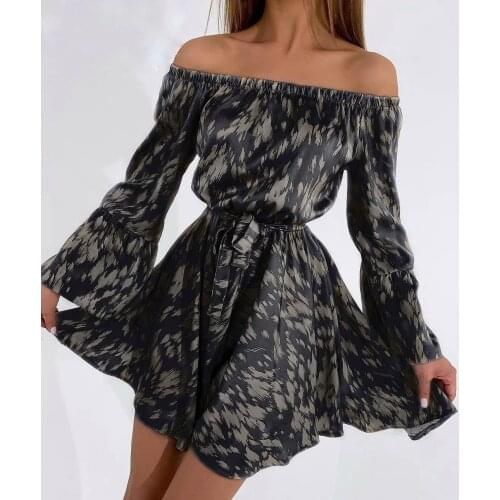 Elegant One-Shoulder Dress Female Fashion Summer Stitching Lotus Leaf Sleeve Sexy Strapless Belted Belt Print Dress Four Colors