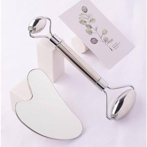 Stainless Steel Facial Roller Gua Sha Tool Set Face Care Massage Crystal Jade Rose Quartz Health Anti Wrinkle Cellulite Massager