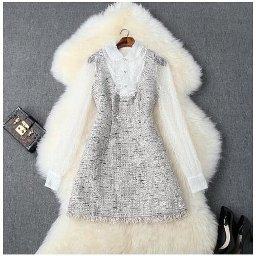 Season womens new lapel ruffled mesh stitching tweed fringed slim dressT3724