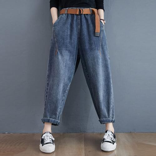 Autumn New Korea Fashion Women Cotton Denim Harem Pants all-matched Casual Elastic Waist vintage Blue Loose Jeans Plus Size M634