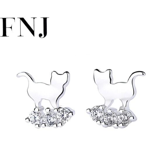 FNJ White Zircon Cute Cat Earrings 925 Silver Jewelry Original Pure S925 Sterling Silver Stud Earring for Women