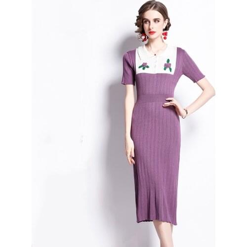 Women High Quality Fashion Elegant Dress Summer Short Sleeve Slim Sheath Knitted Dress Designer Long Party Dresses Vestidos