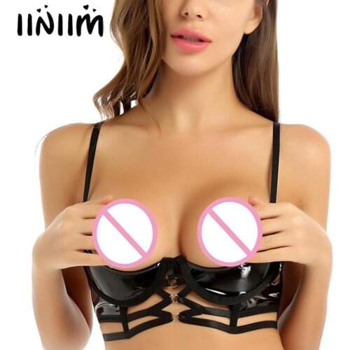 Womens Lady Wetlook Costumes Leather Lingerie Exotic Sissy Clubwear Open Cup Nipples Hole Sissy Underwired Female Bra Tops