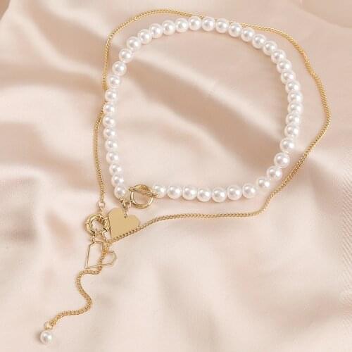 Origin Summer Vintage Double-Layer Imitation Pearl Pendant Necklace for Women Love Heart Tassel Toggle Clasp Necklace Jewelry