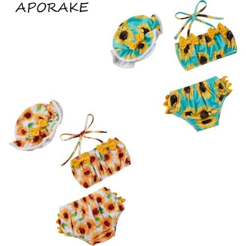 2021 3-24M Infant Baby Girl Swimwear 3pcs Sunflower Print Bow Bandage Top+Ruffle Triangle Shorts+Hat Summer Holiday Beachwear
