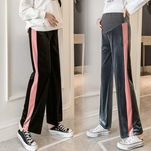 Pregnant womens waist support gold velvet wide-leg pants spring and autumn loose leisure pregnant womens belly lift pants
