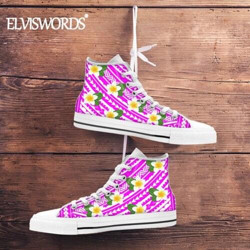 ELVISWORDS Fashion Red Polynesian Tribal Pattern Women Vulcanized Shoes Hawaii Plumeria Print Canvas Sneaker Durable Footwear