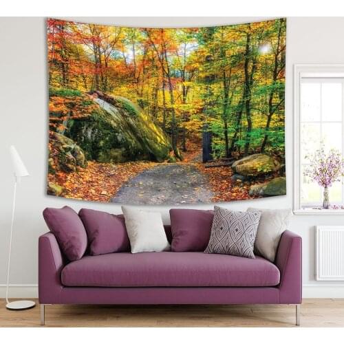 Tapestry Path through a Rocky Forest Sun Shining Autumn Day Woodland Nature Landscape Green Orange View Printed