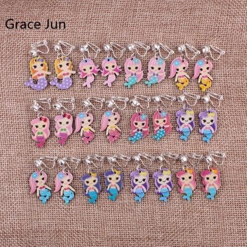 GRACE JUN Cute Fashion Mermaid Clip on Earrings Without Pierced for Women Girl Kids No Hole Earrings Factory Wholesale Price