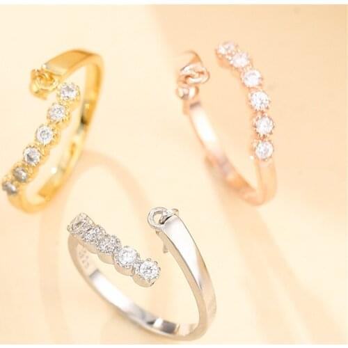 Ring Blank for 4mm-8mm Round Beads or Pearls Gold Plated 925 Silver Zircon Ring Setting Adjustable Ring Base SR0089