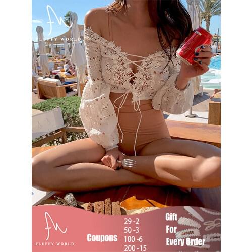 3 Piece Bikini Set with Cover Up Women Sexy Hollow Lace Up Swimsuit Lace Long Sleeve Swimwear Brazilian Summer Bathing Suit