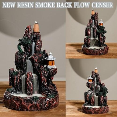 Backflow Incense Cone Burner Resin Xiang Holder with LED Light & 20 Incense Mountain Aromatherapy Ornament for Home NIN668