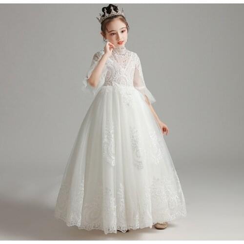 High Quality Children Girls Luxury White Color Half Sleeves Wedding Party Embroidery Lace Dress Kids Teens Piano Host Dress Wear