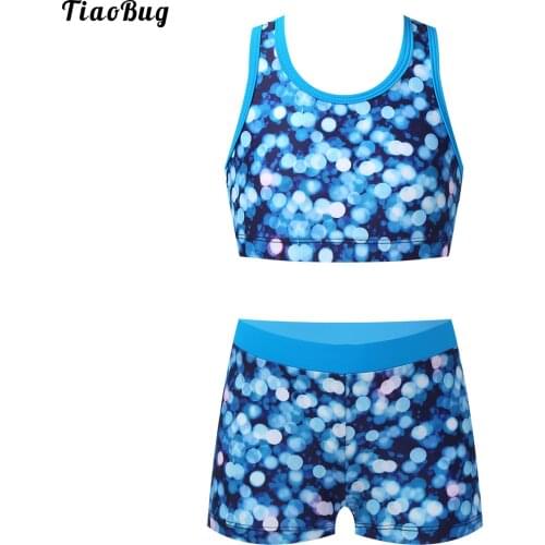 4-12 Girls 2Pcs Summer Printed Swimsuits Bikini Kids Sleeveless Y-Shaped Back Tank Top With Boyshorts Boxer Bottoms Quick Drying