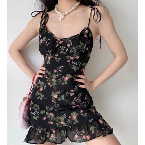 TVVOVVIN Strap Floral Tank Camisole Mini Dress Ruffle A-line Vintage V Neck Sexy Hot Korean Women Summer Dresses Boho Y2K 1URT