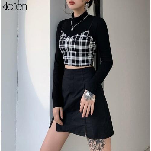 KLALIEN fashion casual black white plaid camisole and t shirt women elegant young style cute autumn long sleeve t shirt ladies