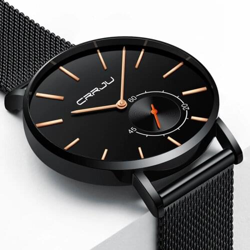 Watch Mens CRRJU Mens Watches Brand Luxury Quartz Watches Casual Stainless Steel Mesh Strap Ultra Thin Clock Relog Wrist Watch