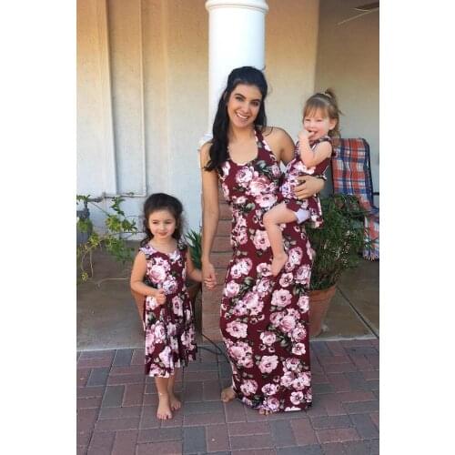 Family Matching Outfits Mom & Daughter Women Girls Dress Summer Sleeveless Flowers Vest Style Dress Family Costumes SA1394