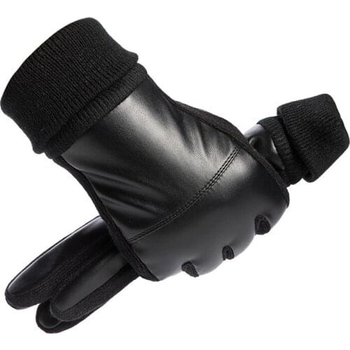 Pure Black PU Leather Winter Gloves Men Women Keep Warm Velvet Padded Autumn Motorcycle Riding Cycling Full Finger Gloves