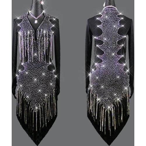 New High End Latin Dance Dress Long Sleeve Sparkling Crystal Fringe Latin Competition Dress Women Girls Dancing Costume DNV15066