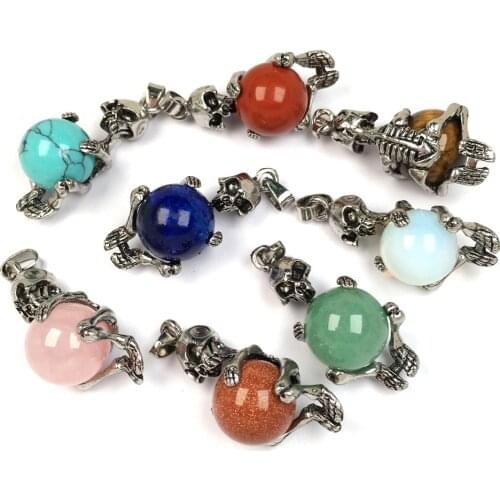 Natural Stones Pendant Vintage Skull Skeleton Hold Round Stone Beads Pendants for Jewelry Making DIY charm Necklaces Accessories