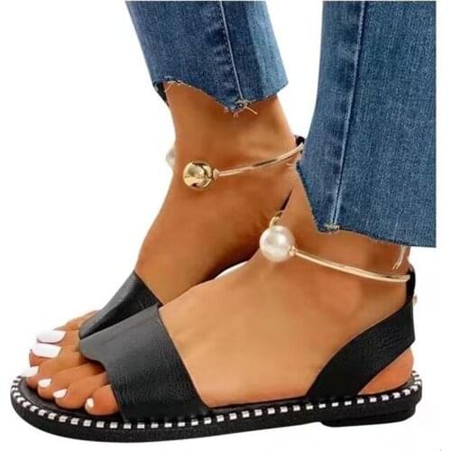 Large size flat pearl sandals female summer new platform sandals women breathable fashion casual womens shoes slides slippers