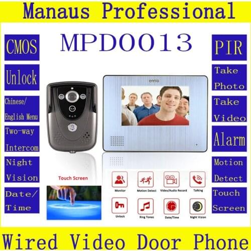 D13C 7"Color Touch Screen Video Door Phone with PIR Record intercom System RFID Keyfob IR Camera max to support 32G SD card