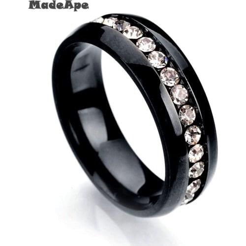 MadApe Wihte Zircon 316L Stainless Steel Ring Black Color 6mm Titanium Steel Engagement Wedding Ring For Women Big Size 5-13