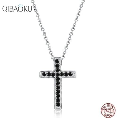 Silver 925 Necklace Fashion Cross Pendant Neck Decoration Shiny Black White Zircon Necklace Womens Fine Jewelry