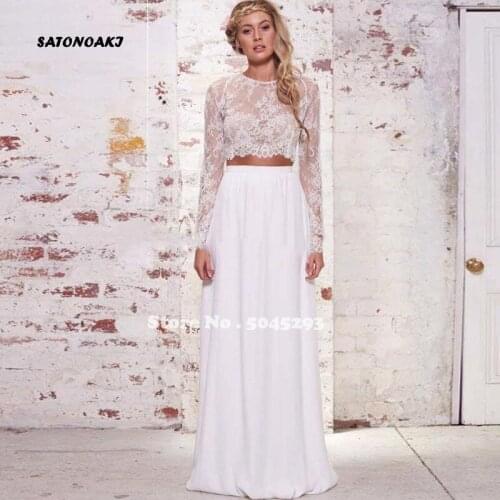 2020 Boho Beach Chiffon Wedding Dress for Women Two Pieces Long Sleeves Lace Summer Bridal Gowns Vestido De Novia Robe Mariage