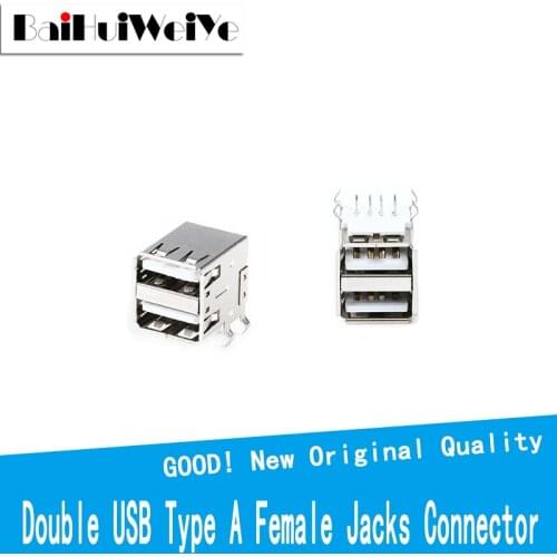 10Pcs/Lot Double USB Type A Female Solder Jacks Connector PCB Socket USB-A type 90 Degrees 4Pins