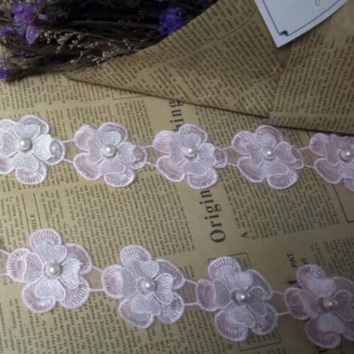 10PCS Pink Pearl Flower DIY Soluble Wedding Lace Lace Trim Knitting Embroidered Handmade Patchwork Ribbon Sewing Craft 4.5CM