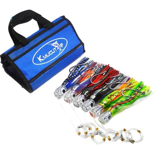6pcs 9 inch Rigged Marlin lures with mesh bag Tuna Kingfish Big Game Octopus skirt Lures Ocean Boat Trolling fishing Lures