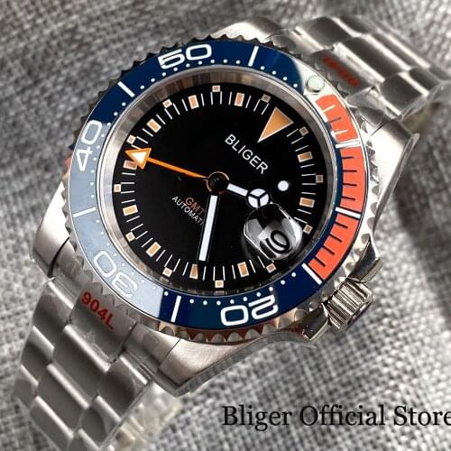 BLIGER Fashion GMT SUB 40MM Automatic Men Watch Orange Index Slide Lock Clasp Brushed Bracelet Unidirectional Bezel Ring