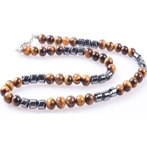 8mm Natural Tiger Stone Bead Black Mens Hematite Chain Fashion Necklace